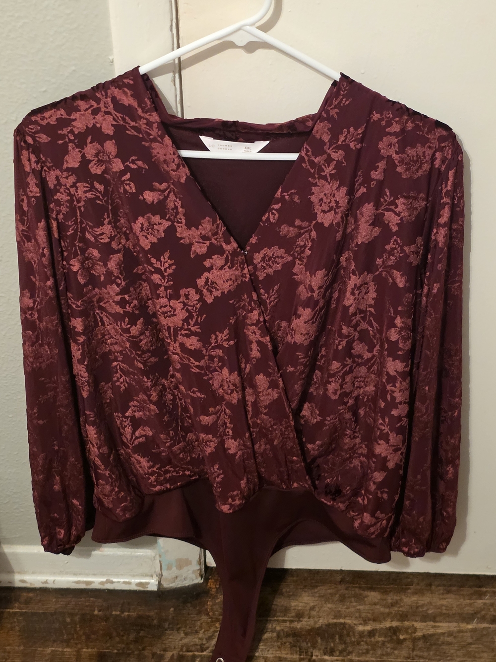 LC Lauren Conrad Burgundy Floral Wrap-Style Bodysuit
